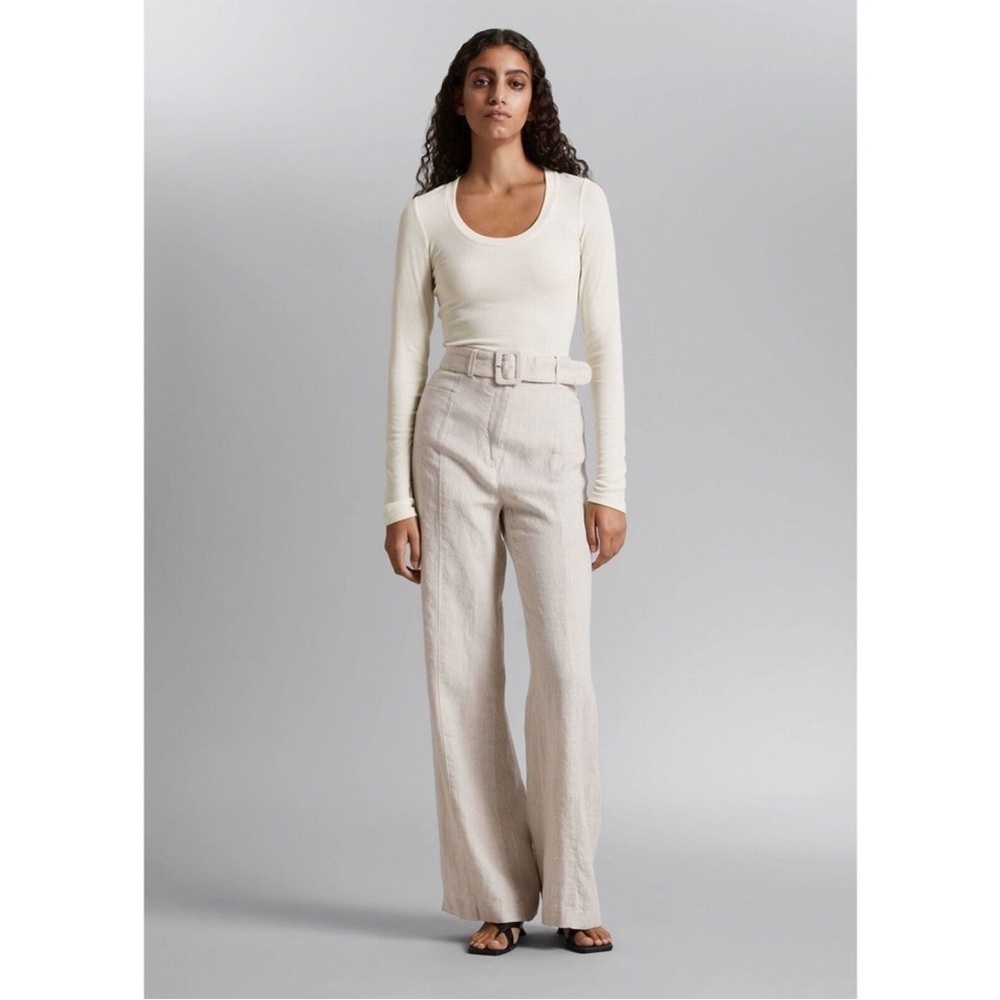 & Other Stories Linen belted trousers 6 wide leg cream tan minimalist high rise